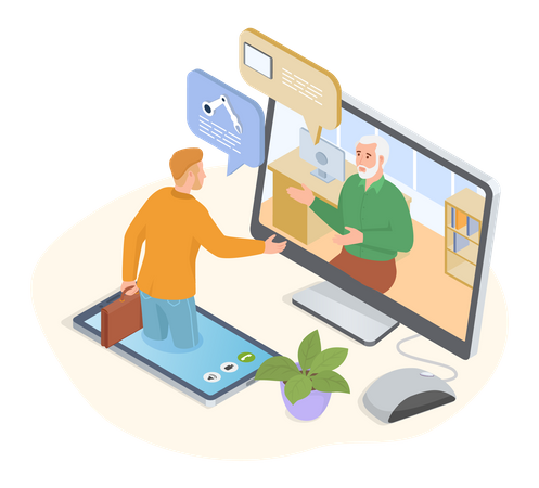 Elderly parents sitting at computer  Illustration