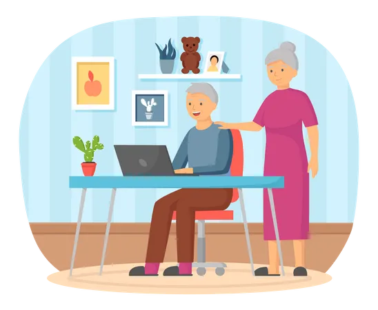 Elderly parents talking online with daughter Illustration