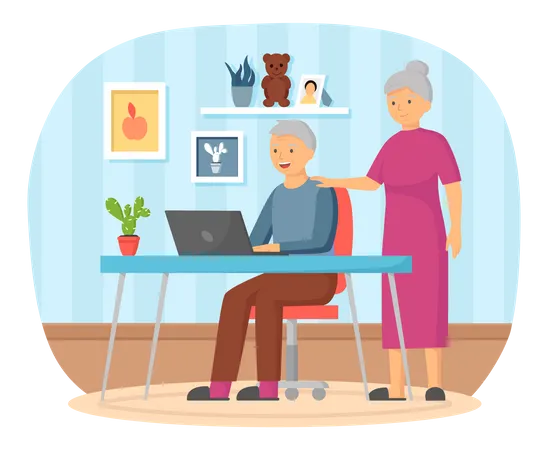 Elderly parents talking online with daughter  Illustration