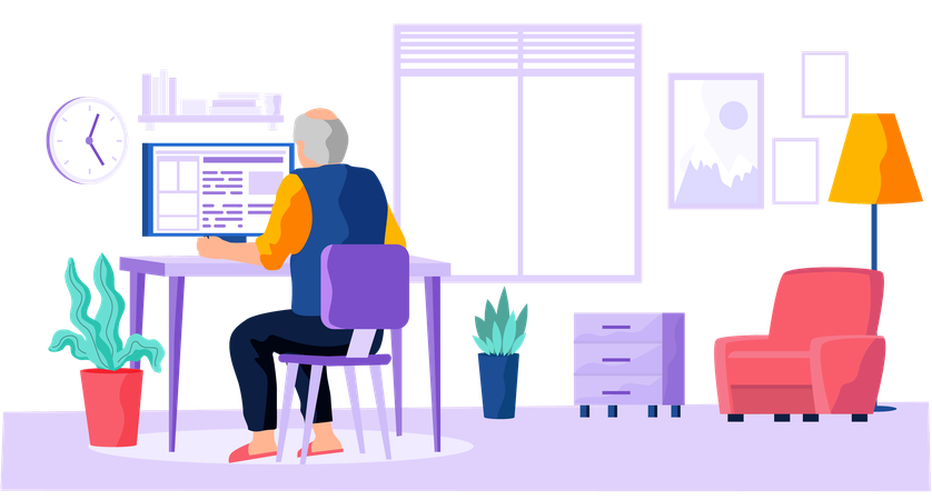 Elderly people and digital technology pensioner man sits at computer  Illustration