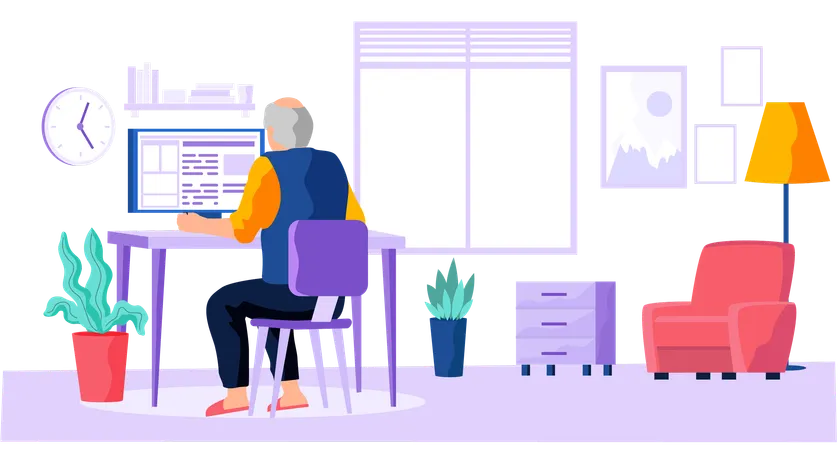Elderly people and digital technology pensioner man sits at computer  Illustration
