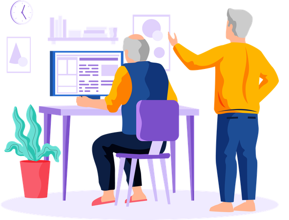 Elderly people and digital technology pensioner man sits at computer studying on courses with coach  Illustration