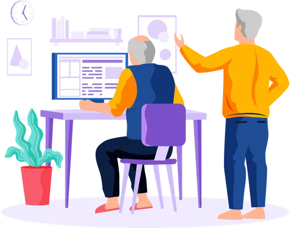Elderly people and digital technology pensioner man sits at computer studying on courses with coach  Illustration