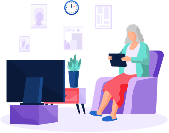 Elderly people and digital technology pensioner woman sits with tablet pc reading or watching video  Illustration