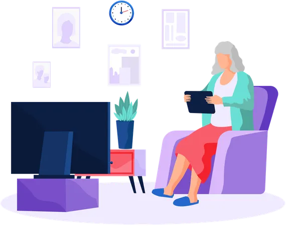 Elderly people and digital technology pensioner woman sits with tablet pc reading or watching video  Illustration