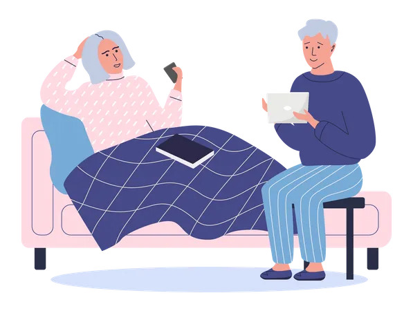 Elderly people are chatting with smartphone and tablet Illustration