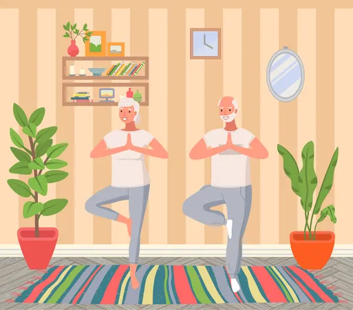 Elderly people doing yoga exercise at home  Illustration