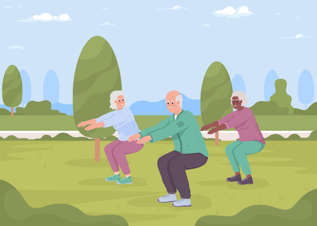 Elderly people exercising outside  Illustration