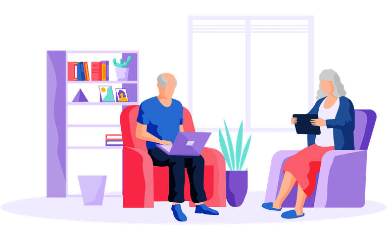 Elderly people learn new technologies work and communicate through gadget laptop and tablet pc  Illustration