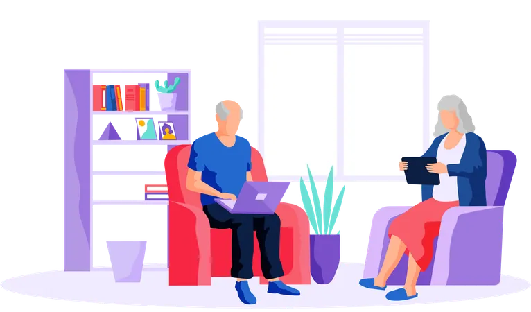 Elderly people learn new technologies work and communicate through gadget laptop and tablet pc  Illustration