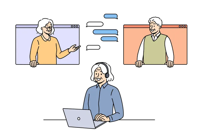 Elderly people participate in online negotiations using laptop or looking out computer windows  Illustration