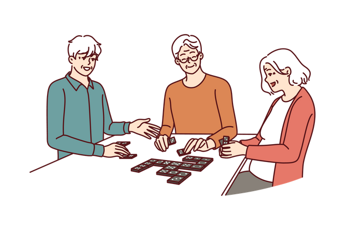 Elderly people play dominoes at nursing home  イラスト