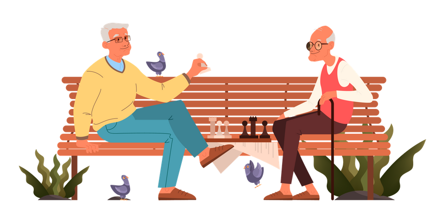 Elderly people playing chess in park Illustration