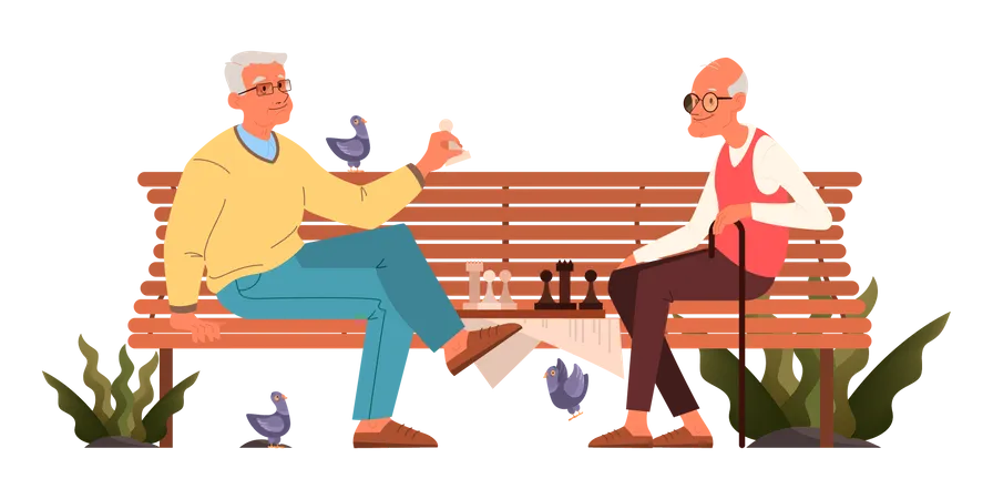 Elderly people playing chess in park  Illustration