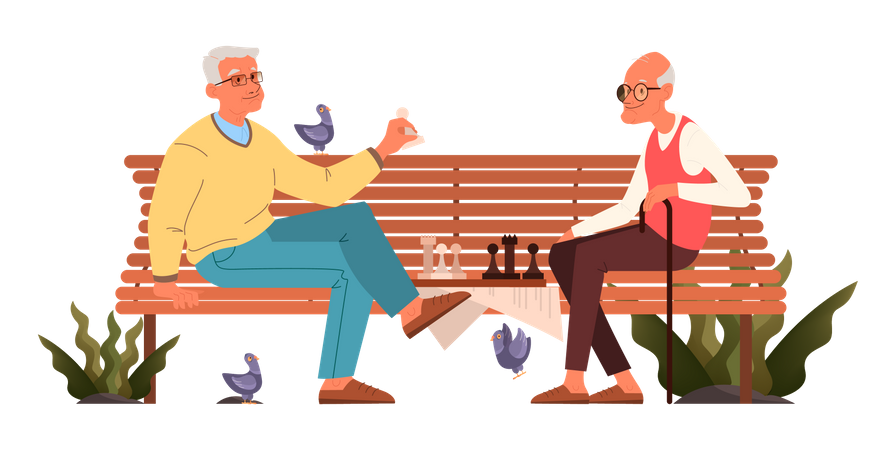 Elderly people playing chess in park  Illustration