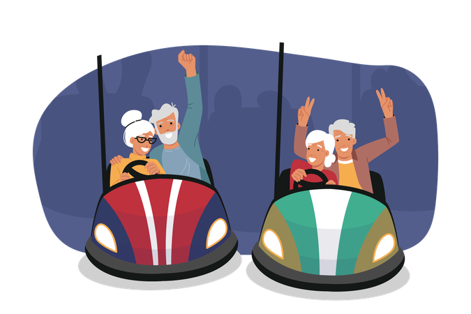 Elderly people ride on carousel in form of cars  Illustration