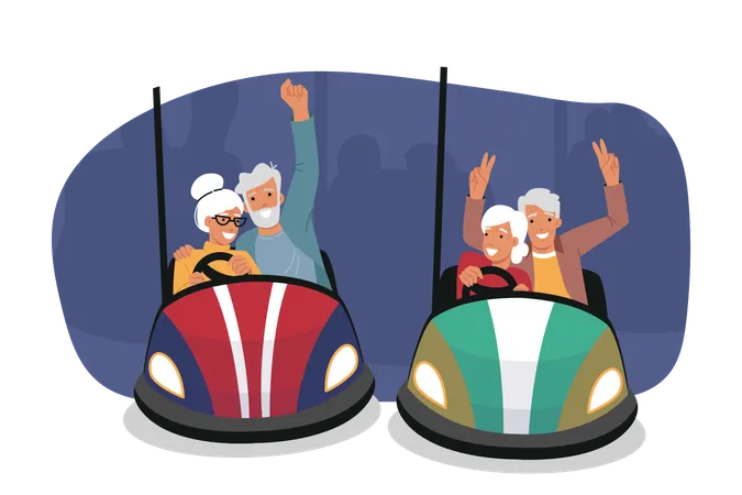 Elderly people ride on carousel in form of cars  Illustration