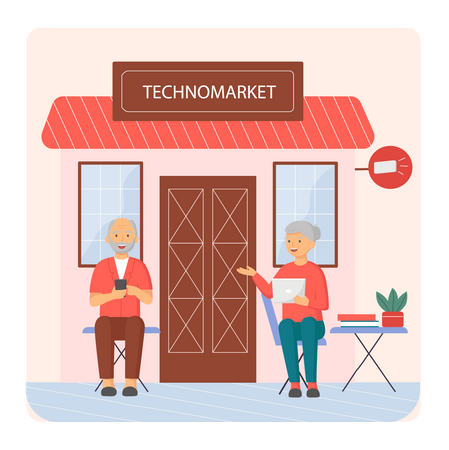 Elderly people sitting outside store  Illustration