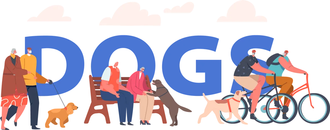 Elderly People spending time with Dog in Park  Illustration