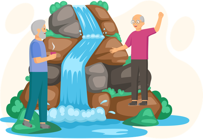 Elderly people stand next to rock and waterfall  Illustration