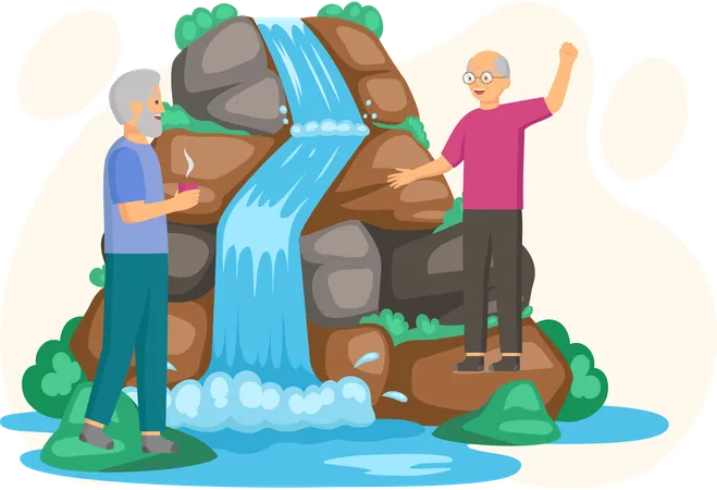 Elderly people stand next to rock and waterfall  Illustration