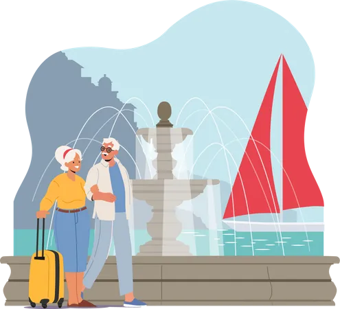 Elderly People Traveling in Foreign Country Illustration