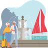 illustration for elderly couple traveling in foreign country