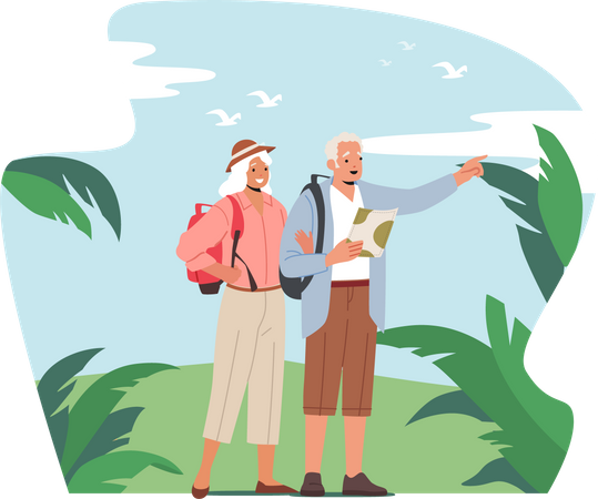 Elderly People Traveling Searching Way in Tropical Country Illustration