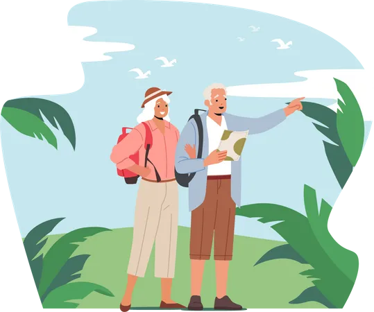 Elderly People Traveling Searching Way in Tropical Country  Illustration