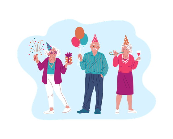 Elderly people with balloons and party popper and gift celebrating birthday  Illustration