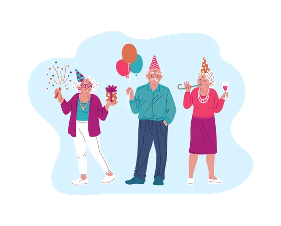 Elderly people with balloons and party popper and gift celebrating birthday  Illustration