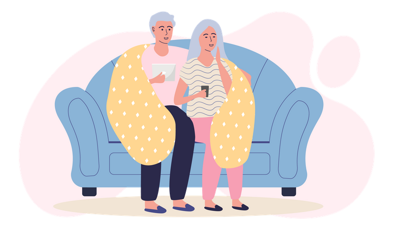 Elderly people with mobile phone and tablet are sitting on couch  Illustration