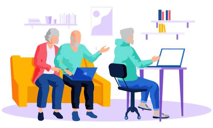 Elderly people working on laptop  Illustration