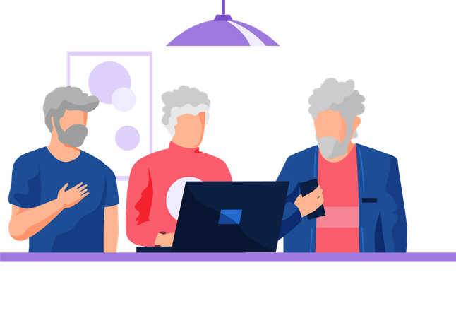 Elderly person works or studies at laptop  Illustration