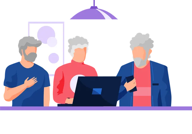 Elderly person works or studies at laptop  Illustration