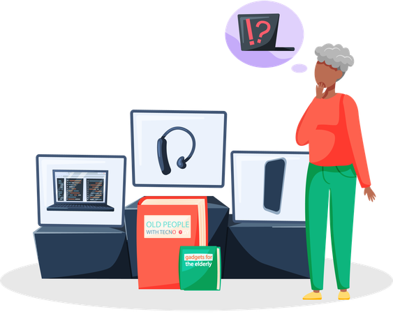 Elderly person works with phone and laptop  Illustration