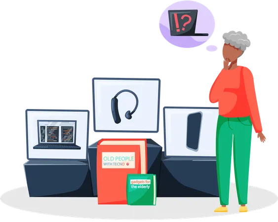 Elderly person works with phone and laptop  Illustration