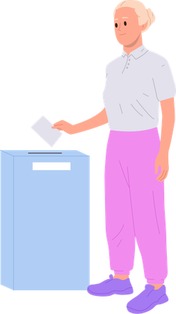 Elderly retired woman holding ballot paper putting into vote box container  Illustration