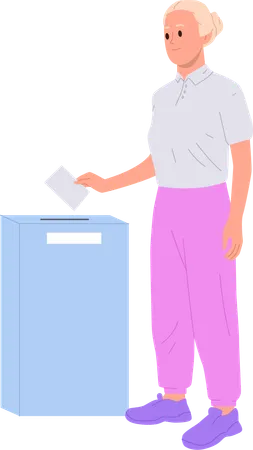 Elderly retired woman holding ballot paper putting into vote box container  Illustration