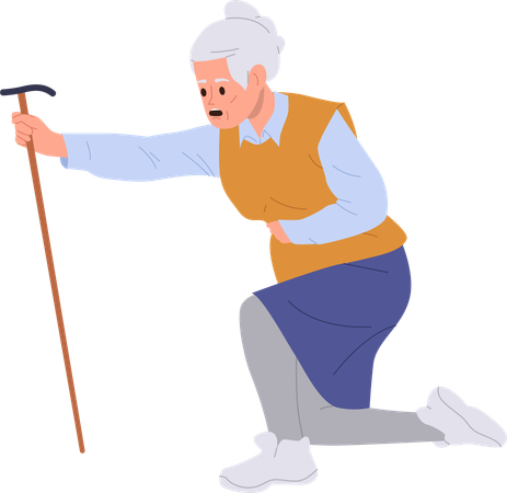 Elderly retired woman with cane feeling unwell stomach ache  Illustration