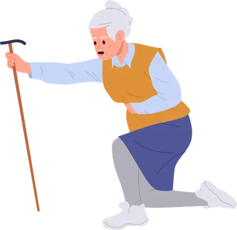 Elderly Retired Woman Cartoon Character With Cane Feeling Unwell Stomach Ache Or Heart Attack Falling Standing On One Knee Vector Illustration On White Problem With Health And Balance Of Aged People Illustration