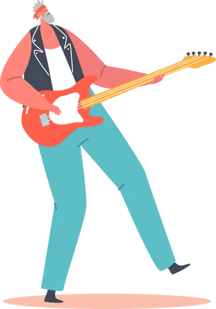 Elderly Rock Guitarist Playing on Electric Guitar during Punk Festival  Illustration