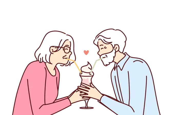 Elderly Romantic Couple Drinking Cocktail From Straws Together Enjoying Retirement And Dating On Eve Of February 14th Valentine Day Romantic Grandparents Show Love Between Elderly Illustration