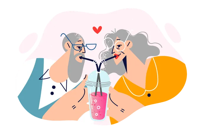 Elderly Romantic Couple Drinks Cocktail From Straws In One Glass Showing Love And Affection Elderly Romantic Family With Gray Hair Holding Smoothie Wishing To Start Relationship After Retirement Illustration