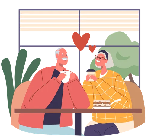 In A Cozy Cafe An Elderly Romantic Couple Shares Laughter Over Steaming Cups Of Coffee Reminiscing On A Lifetime Of Love Their Eyes Revealing Timeless Affection Cartoon People Vector Illustration Illustration