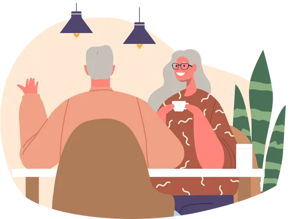 Elderly Romantic Couple Shares Tender Moments In A Cozy Cafe Surrounded By The Warmth Of Love And The Aroma Of Coffee Characters Create Timeless Memories Together Cartoon People Vector Illustration Illustration