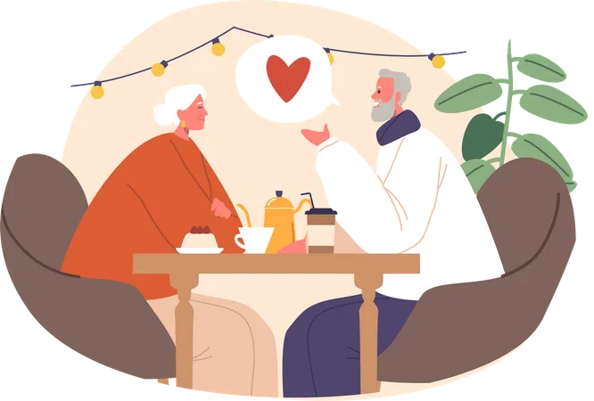 Elderly Romantic Couple Sits In A Cozy Cafe Holding Hands  Illustration