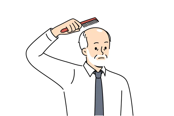 Elderly Balding Man Holds Comb Over Head Upset About Hair Loss Due To Old Age Balding Businessman In White Shirt And Tie Is Thinking Of Hair Transplant Operation On Forehead And Occiput Illustration