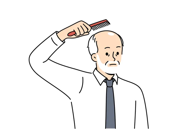 Elderly sad balding man holding comb over head and upset about his loss due to old age  Illustration