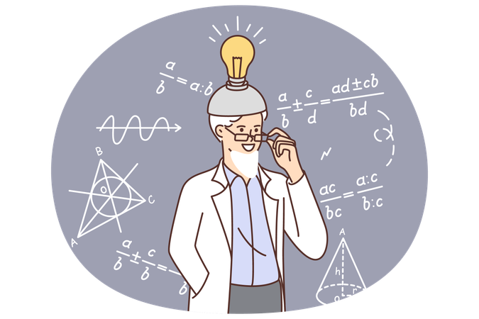 Elderly scientist standing near blackboard with scientific formulas with invention countries on head  Illustration